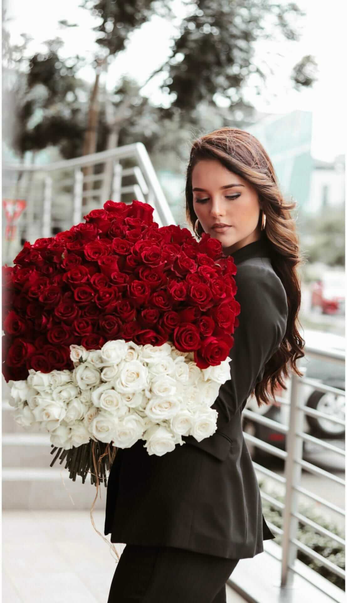 150 red and white roses as a bouquet