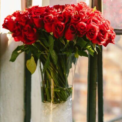 100 Ever red roses in cylinder vase (Kenyan imports)