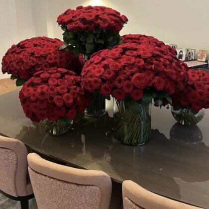 500 red  roses (in 3 fishbowl & 2 cylinder vases)