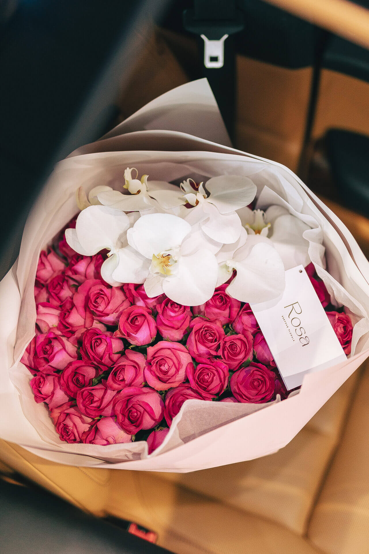 Cerise rose-orchid bouquet 40 stems  (1 day lead time required)
