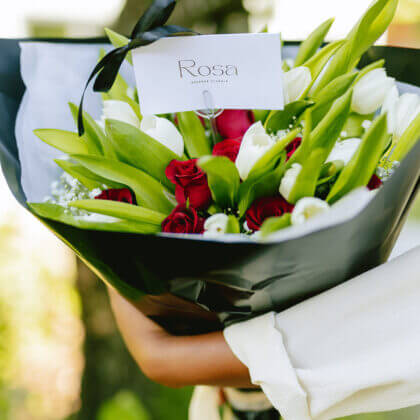 red rose tulip bouquet - white tulips will be substituted with another color if out if stock