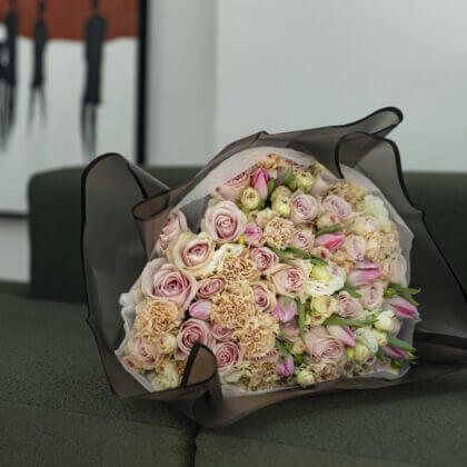 Carnation rose bouquet - 40 pink roses, 10 nude carnations, 10 pink tulips, 10 stems white lizzy