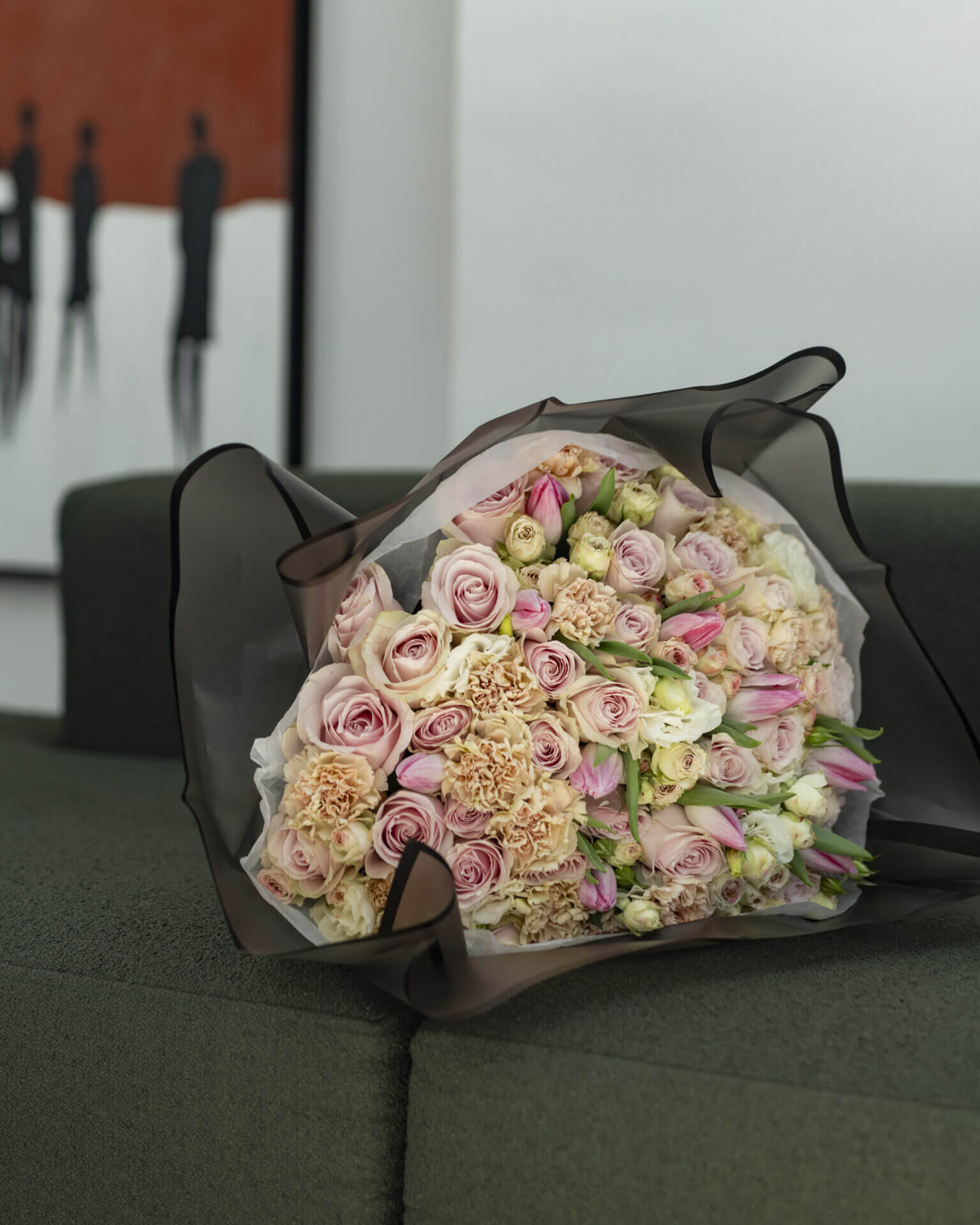 Carnation rose bouquet - 40 pink roses, 10 nude carnations, 10 pink tulips, 10 stems white lizzy
