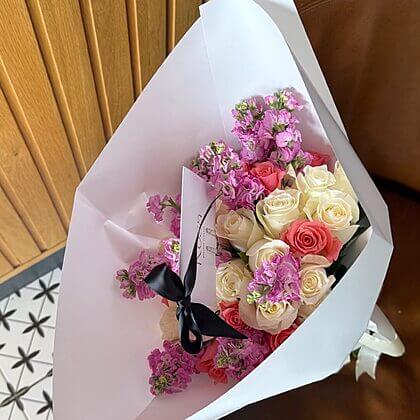 Roses & stocks - colour tones may be thoughtfully substituted when certain shades are unavailable